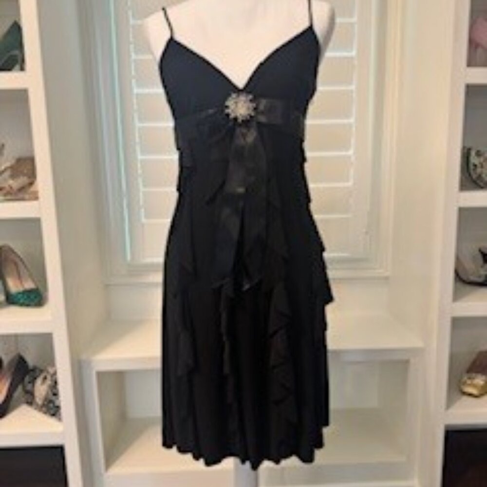 Black Ruffle Cocktail Dress with Rhinestone Brooch - Picture 8 of 8